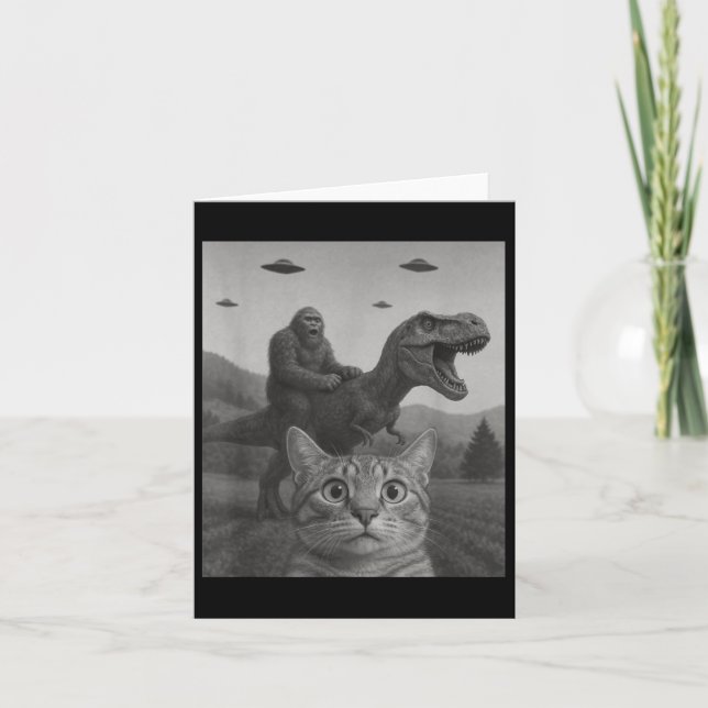 Tarjeta Selfie de gato con aliado de dinosaurio T-rex (Anverso)