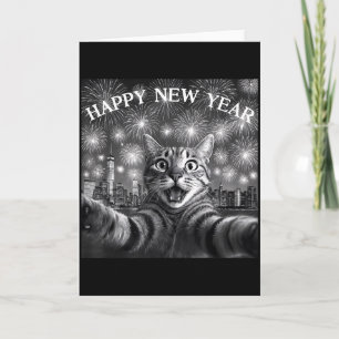 Tarjeta Selfie de gato con cuenta regresiva de fuegos arti