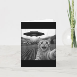 Tarjeta Selfie de gato con ovni alienígena divertido para
