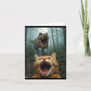 Tarjeta Selfie de gato naranja con T-Rex Dinosaurio Hombre