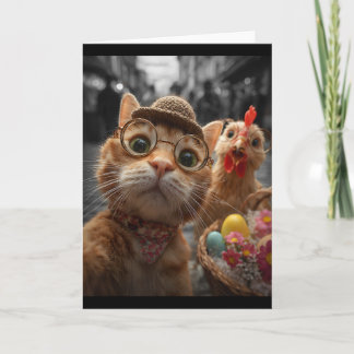 Tarjeta Selfie de gato y pollo, divertidos huevos de Pascu