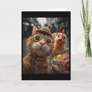 Tarjeta Selfie de gato y pollo, divertidos huevos de Pascu