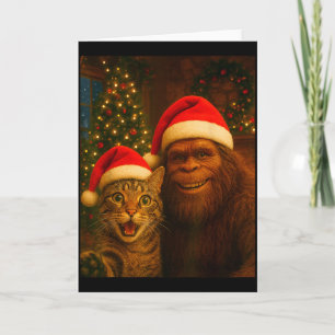 Tarjeta Selfie divertida de gato con Bigfoot Navidad Sasqu