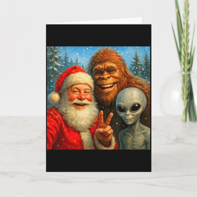 Tarjeta Selfie Divertida de Gato con Papá Noel y Bigfoot M (Anverso)