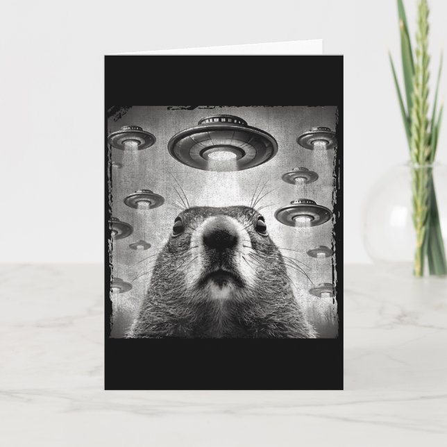 Tarjeta Selfie divertida de marmota con alienígenas Ovnis  (Anverso)
