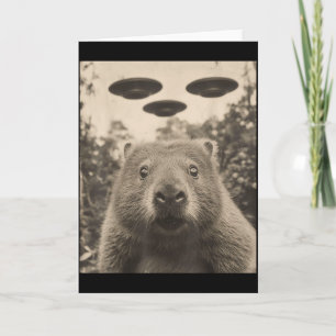 Tarjeta Selfie divertida de marmota con ovnis Marmota extr