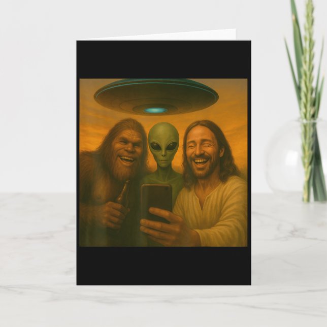 Tarjeta Selfie Pie Grande Jesús Alien - Criptid Gracioso S (Anverso)