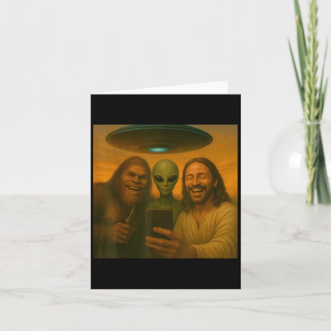 Tarjeta Selfie Pie Grande Jesús Alien - Criptido Divertido (Anverso)