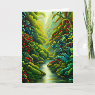 Tarjeta Selva tropical exuberante con flores y arroyo