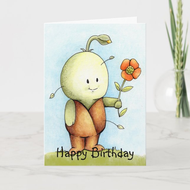 Tarjeta Semilla de cumpleaños sosteniendo una flor (Anverso)