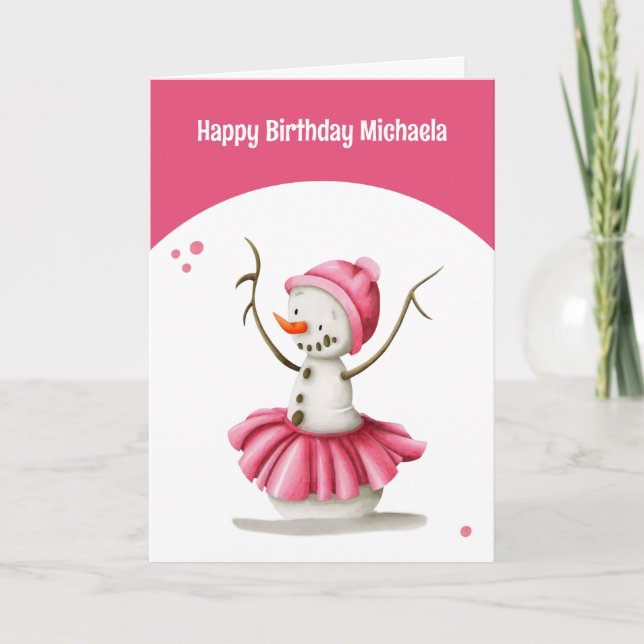 Tarjeta Sencilla Ballerina de Invierno Rosa Snowman Chica  (Anverso)