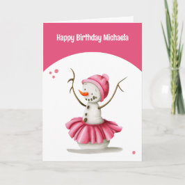 Tarjeta Sencilla Ballerina de Invierno Rosa Snowman Chica 