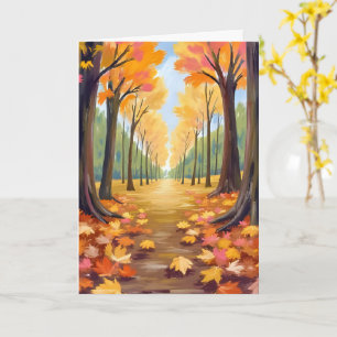 Tarjeta Sendero forestal de otoño dorado con follaje cálid