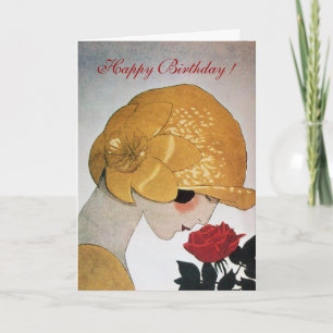 Tarjeta SEÑORA CON ROSA ROJA Feliz Cumpleaños