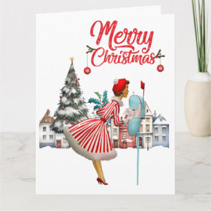 Tarjeta Señora de la Vintage de 1950, con saludos navideño