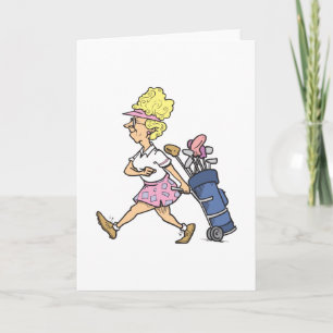 Tarjeta señora golfista divertida gráfico de dibujos anima