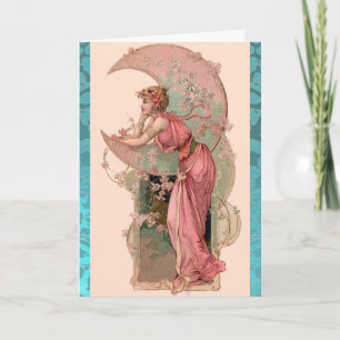 TARJETA SEÑORA LUNA, FLORES Y ROSAS, DAMASCO ROSADO AZUL