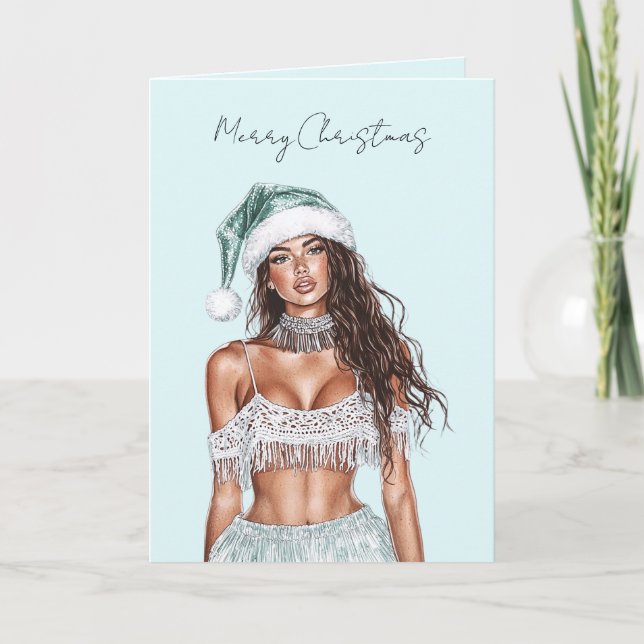 Tarjeta Señora Navidad Pelo Marrón Playa (Anverso)