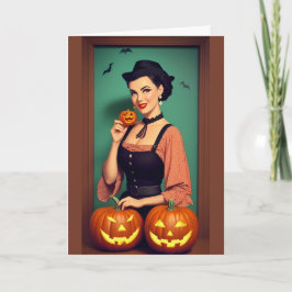 Tarjeta Señora Retro Feliz Halloween con Calabazas