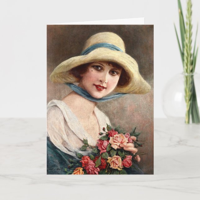 Tarjeta Señora Vintage Con Bouquet De Rosas (Anverso)