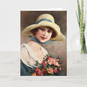 Tarjeta Señora Vintage Con Bouquet De Rosas