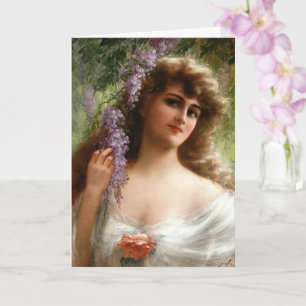 Tarjeta Señora Vintage con flores moradas y Rosa de nata