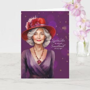 Tarjeta Sensacional con vestido rojo y púrpura Cumpleaños