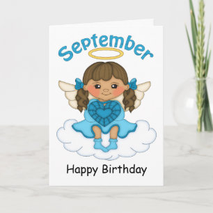 Tarjeta Septiembre Birthstone Angel Brunette Birthday Card