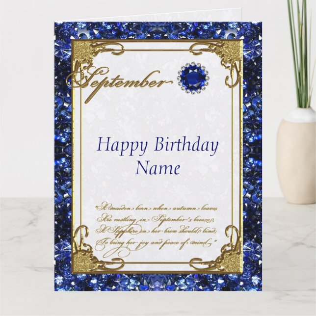 Tarjeta Septiembre Sapphire Birthstone Cumpleaños 8.5 X 11 (Anverso)