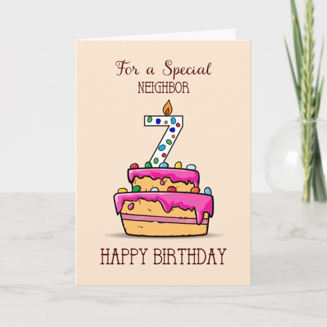 Tarjeta Séptimo cumpleaños de la vecina, 7 con pastelito r (Anverso)