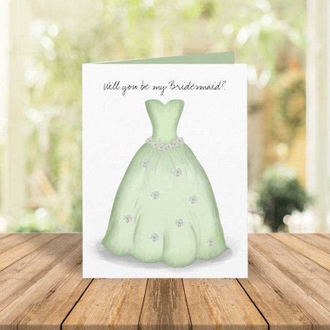 Tarjeta Serás mi Bridesmaid Green Watercolor (Will you be my bridesmaid green bridal dress greeting card.)