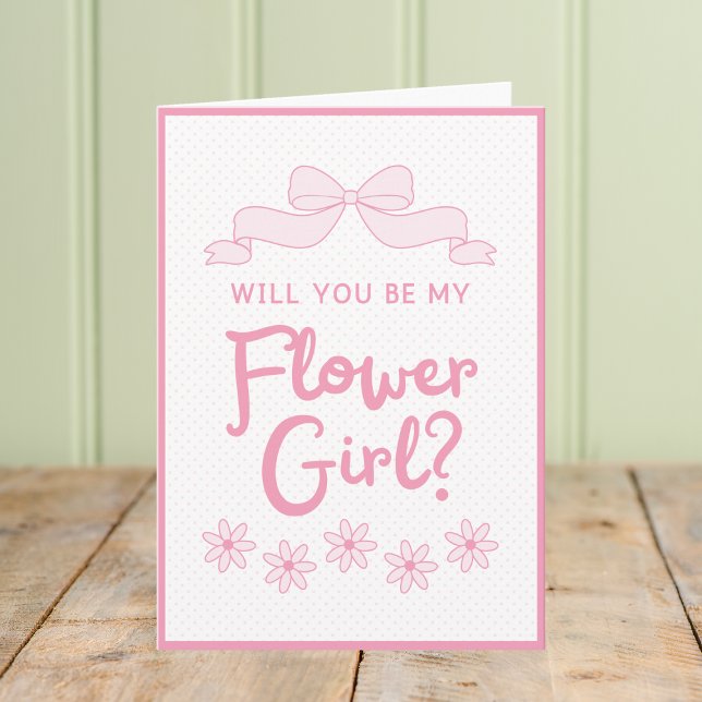 Tarjeta ¿Serás Mi Chica Flor? Bow rosa y punto de polka (Subido por el creador)
