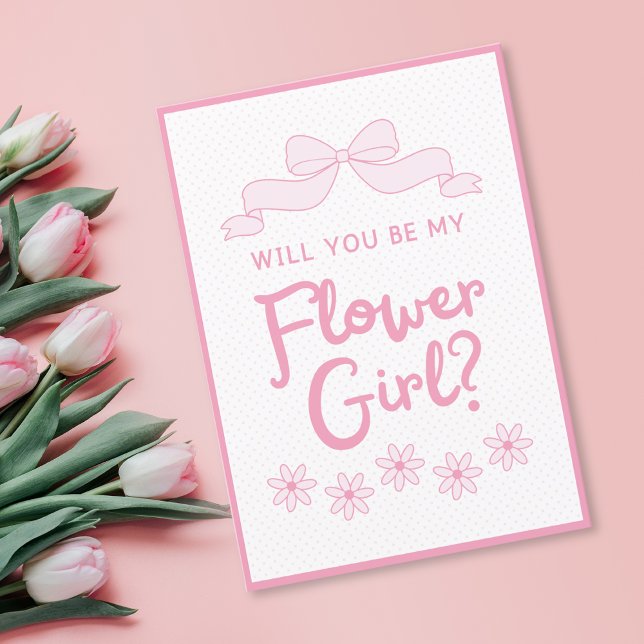Tarjeta ¿Serás Mi Chica Flor? Bow rosa y punto de polka (Subido por el creador)