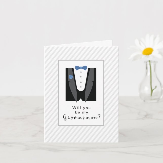 Tarjeta ¿Serás mi Groomsman? Tux con azulejos azules (Planta pequeña)