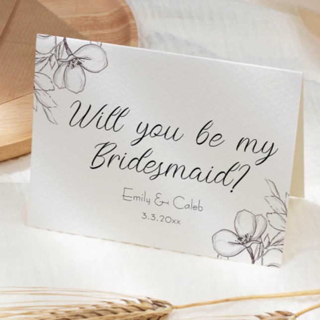 Tarjeta ¿Serás Mi Novia? Arte de línea floral (will you be my bridesmaid bridesmaid proposal card black and white flowers drawn script cursive )