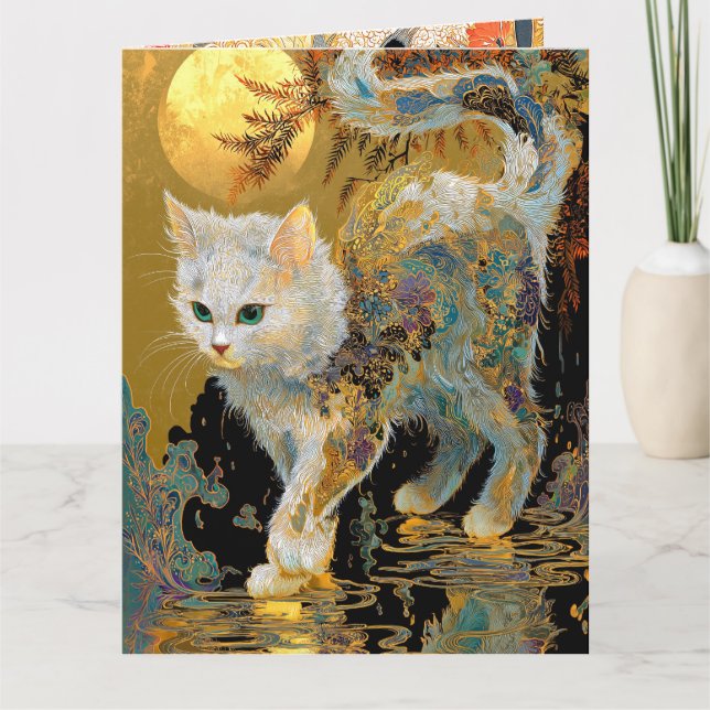 Tarjeta Serene Rinpa Cat | Zen de oro japonés (Anverso)