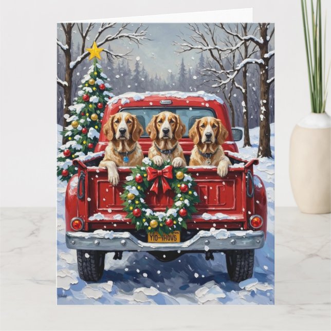 Tarjeta Setter Inglés Camión Rojo Navidad Festejo (Anverso)