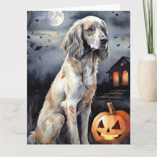 Tarjeta Setter inglés de Halloween con calabazas espeluzna