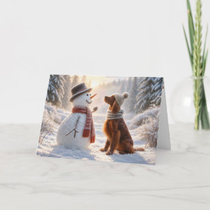 Tarjeta Setter Irlandés de Navidad con muñeco de nieve