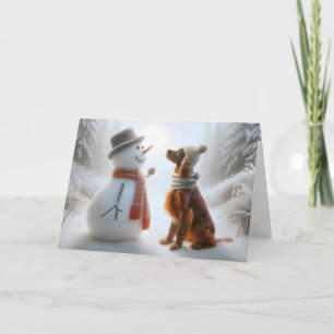 Tarjeta Setter Irlandés de Navidad con muñeco de nieve