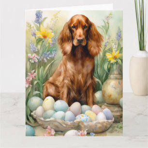 Tarjeta Setter rojo irlandés con huevos de Pascua