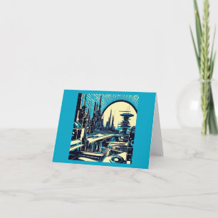 Tarjeta SF Futurista City Woodcut 3