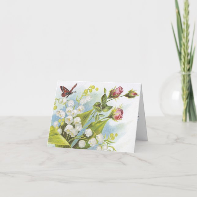 Tarjeta Shabby Chic Butterfly, Rosas y Lily del Valle (Anverso)