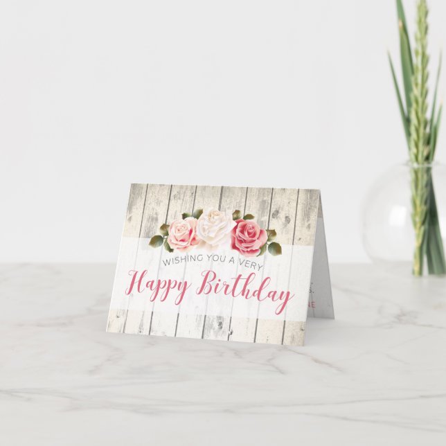 Tarjeta Shabby Chic Rosas Personalizado Rustic Wood Cumple (Anverso)