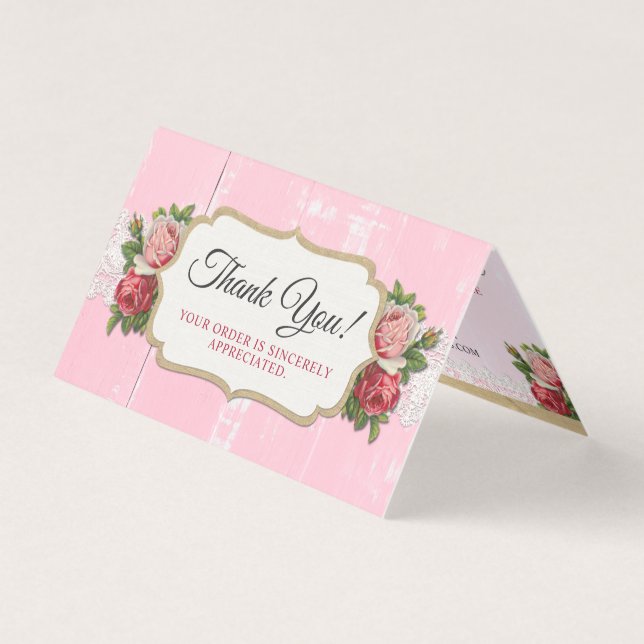 Tarjeta Shabby Chic Rustic Wood Pink Floral Rosa Gracias (Anverso)