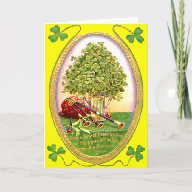 Tarjeta Shamrock Bagpipes Gold Green (Anverso)