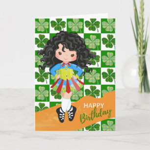 Tarjeta Shamrock Irish Dance Black Hair Chica Cumpleaños