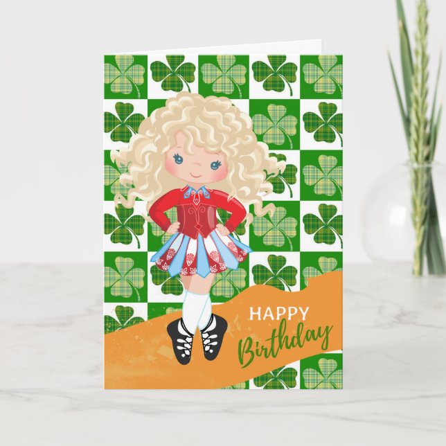 Tarjeta Shamrock Irish Dance Blond Hair Chica Cumpleaños (Anverso)