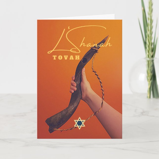 Tarjeta Shanah Tovah sosteniendo la estrella del shofar de (Anverso)