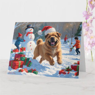 Tarjeta Shar Pei en Nieve con Gorra Navidad